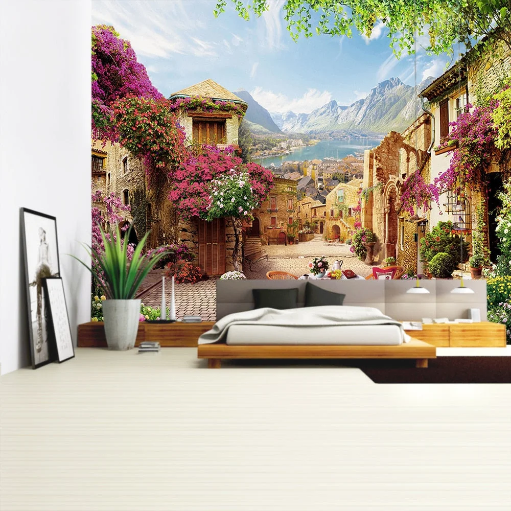 Balcony City Castle Hill Green Plant Landscape Printing Tapestry Cheap Hippie Wall Hanging Bohemian Wall Tapestries
