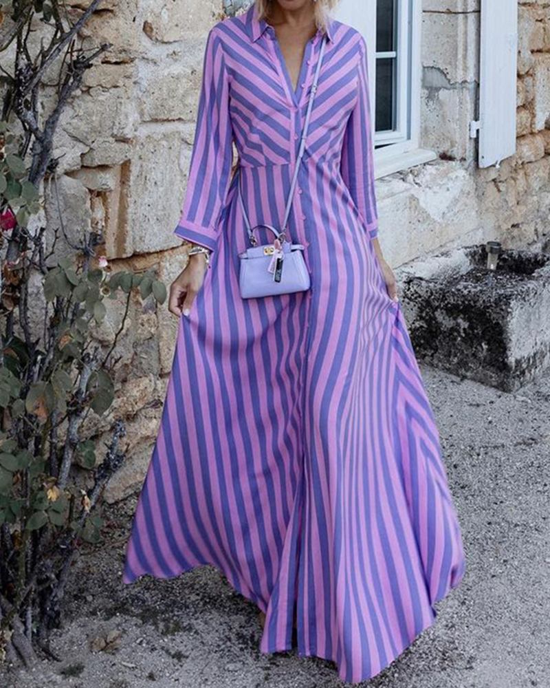 Vertical Striped Shirt Collar Three Quarter Sleeve Maxi Dress