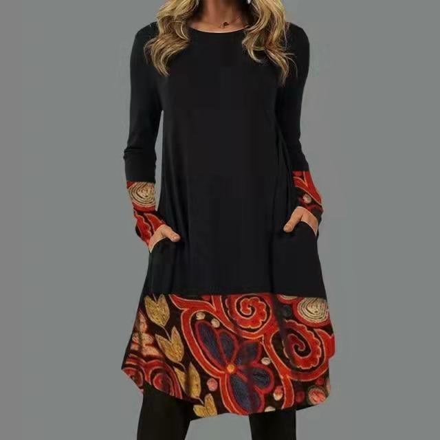 vintage-print long-sleeve midi dress