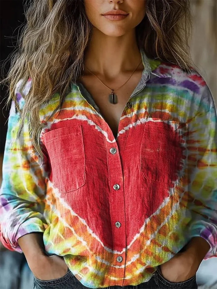 Women's Colorful Love Tie Dye Print Casual Long Sleeve Comfortable Cotton Shirt