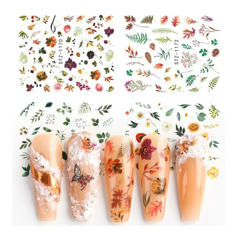 Nail Stickers Water Transfer Flowers Leaves Pine Cones Designs 4Pcs/Set Nail Decal Decoration Tips For Beauty Salons-Nail Inspo