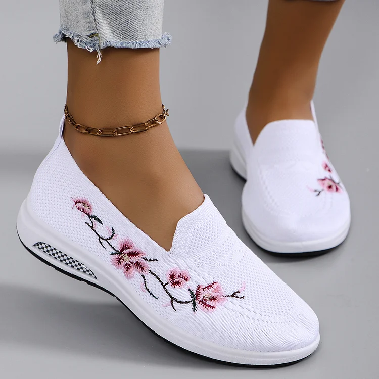Sporty Sneakers For Women, Floral Embroidered Slip On Rocking Shoes