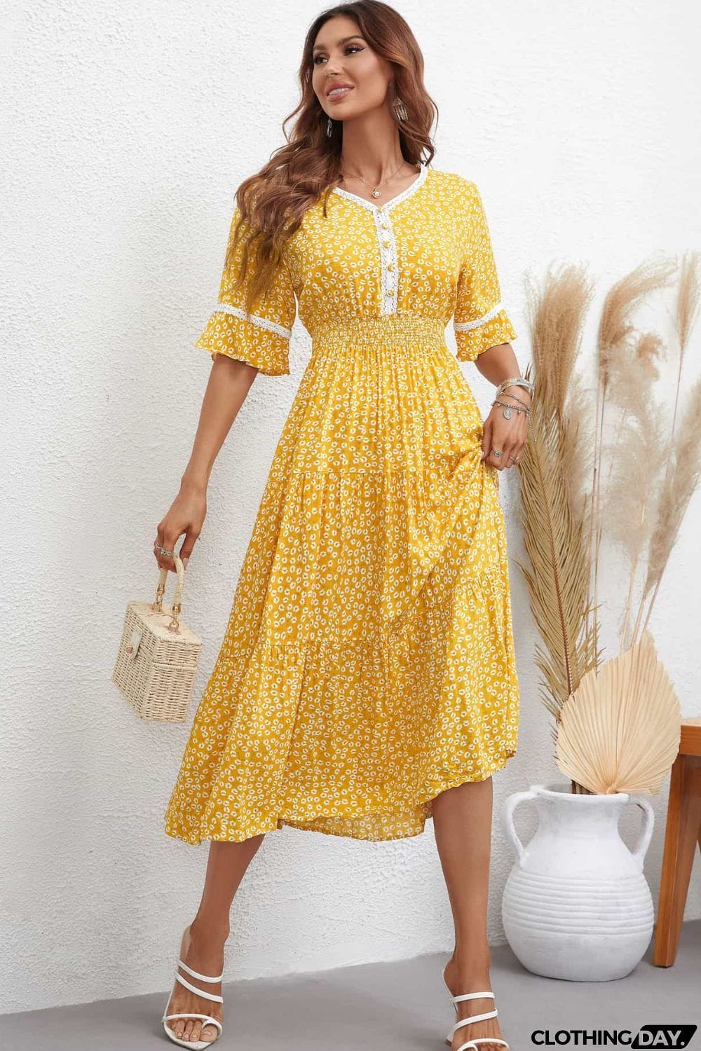 Floral V-Neck Smocked Waist Midi Dress