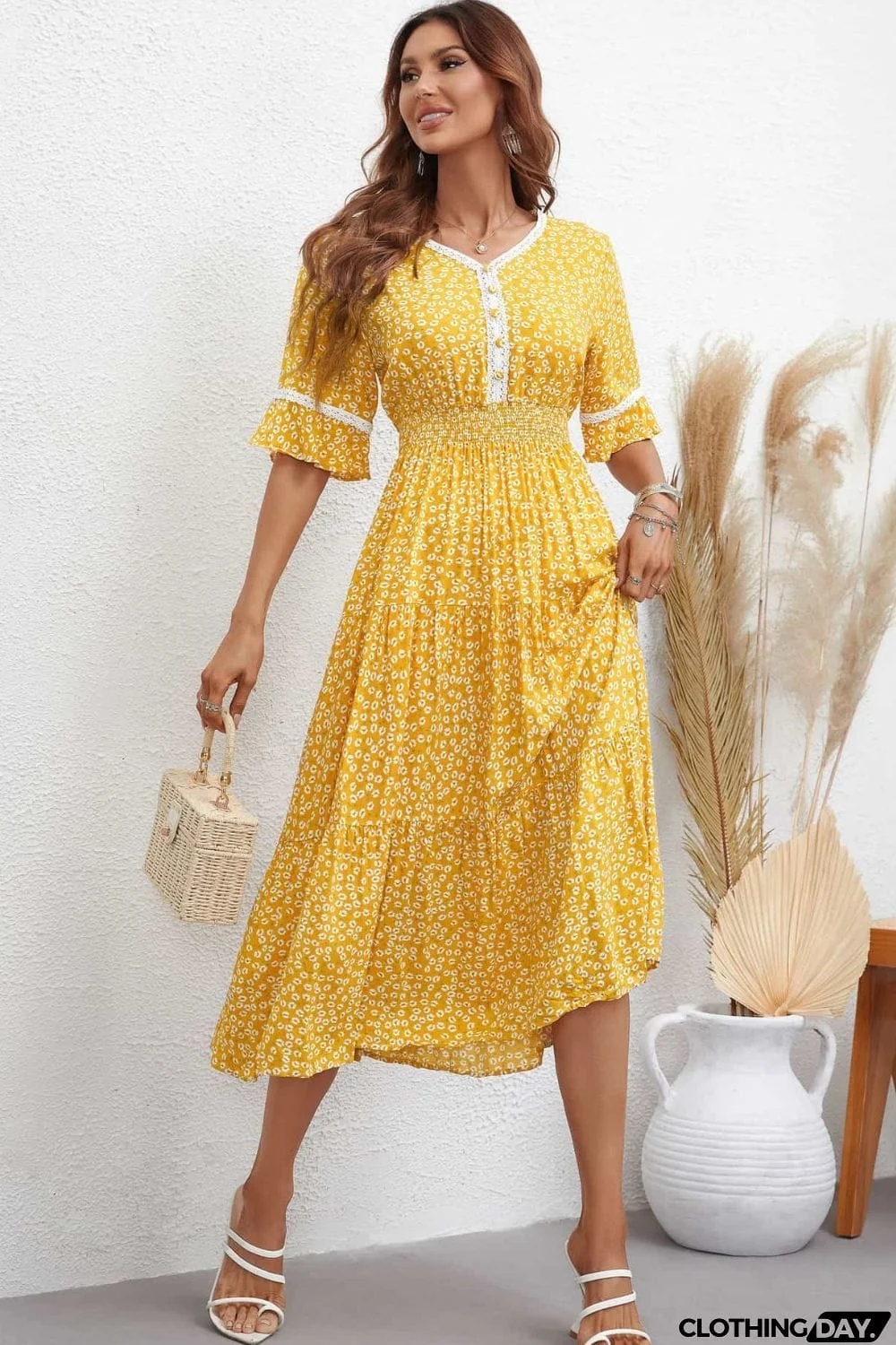 Floral V-Neck Smocked Waist Midi Dress