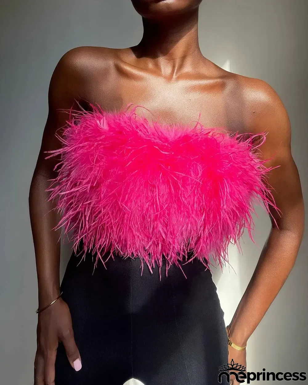 Rose Red Sexy Solid Patchwork Feathers Strapless Tops
