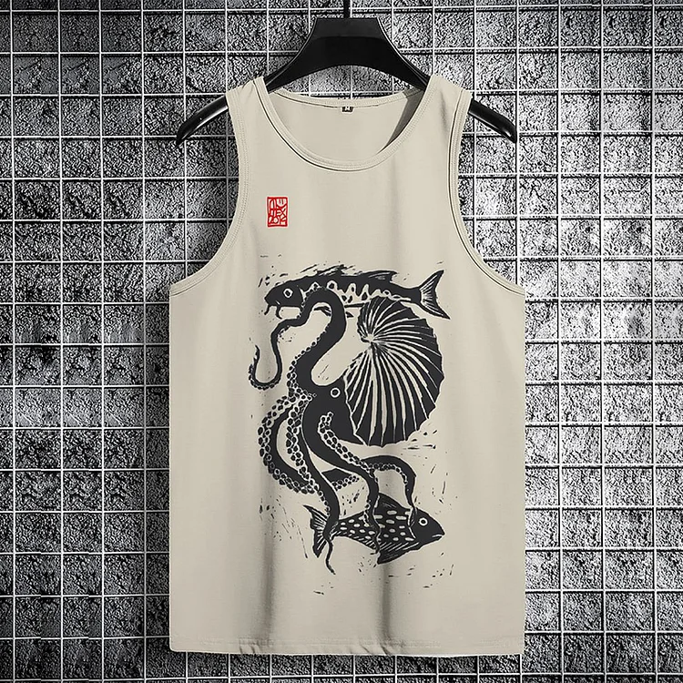 Men's Paper Nautilus Octopus Fish Art Printed Beach Tank Top