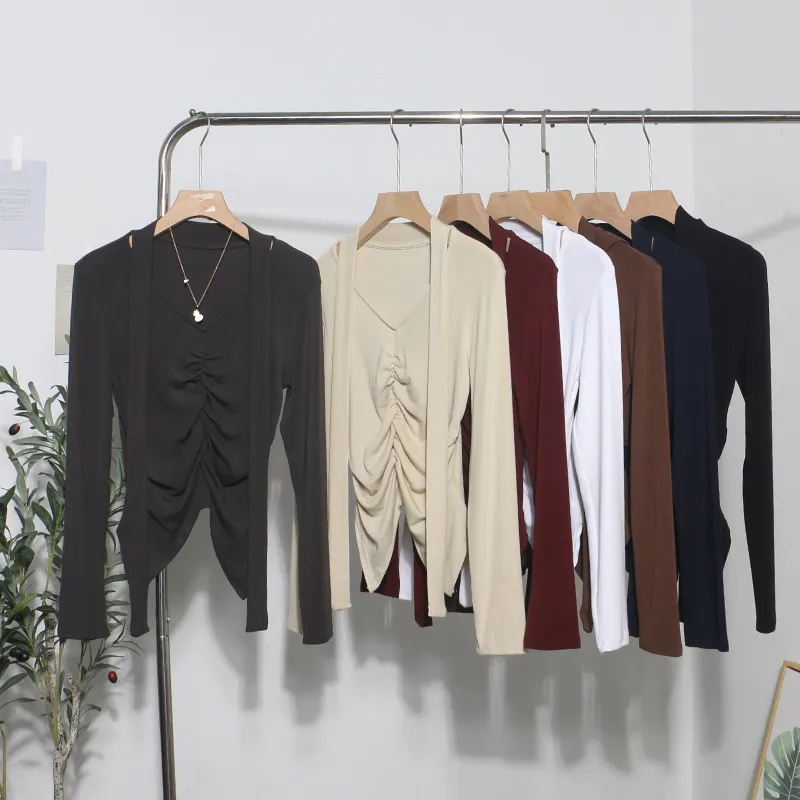Uveng Real Shooting Explosion Long-Sleeved T-Shirt Girl Autumn Folded Waist-Bottomed Shirt V-Neck Ribbon Open Fork Short Top 9080