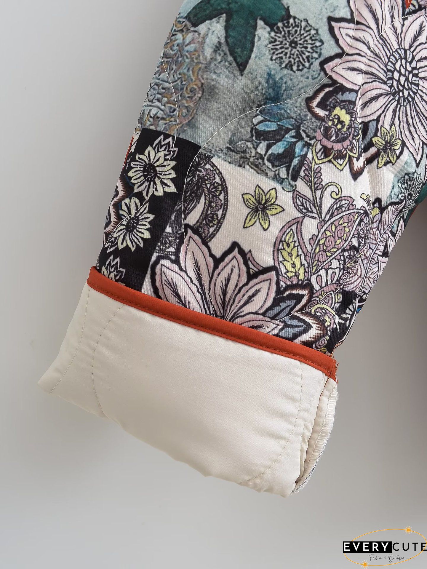 Sweet Print Floral Patchwork U Neck Outerwear