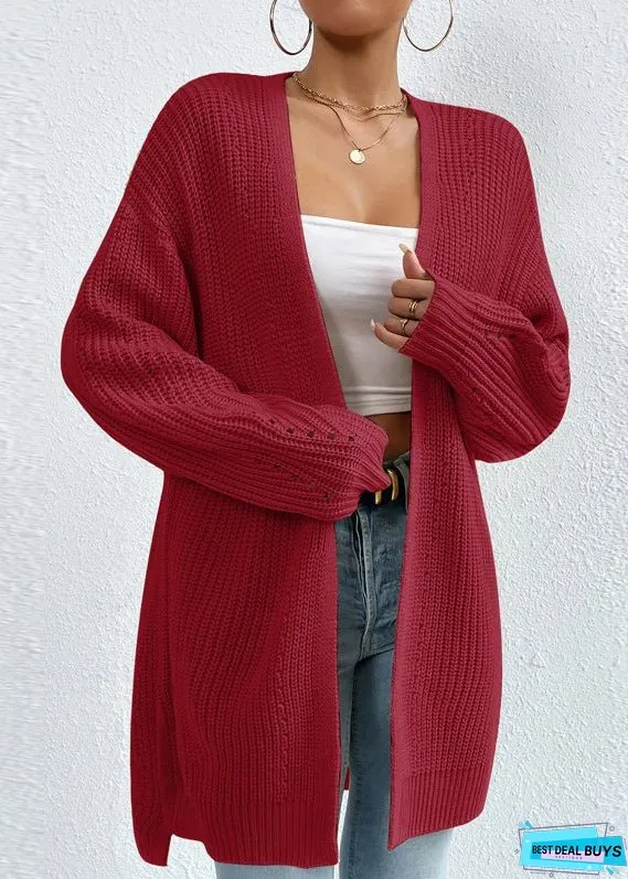 Women Apricot V Neck Loose Mid Knit Cardigan Fall