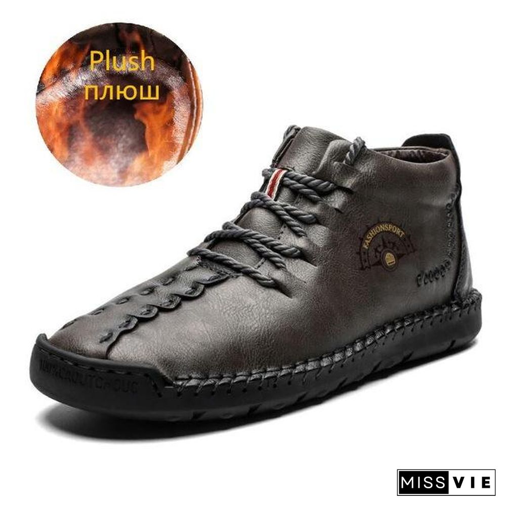 Warm Mens Boots Working Tactical Boots Split Leather Ankle Boots Plush Snow Boots Lace-up Winter Shoes