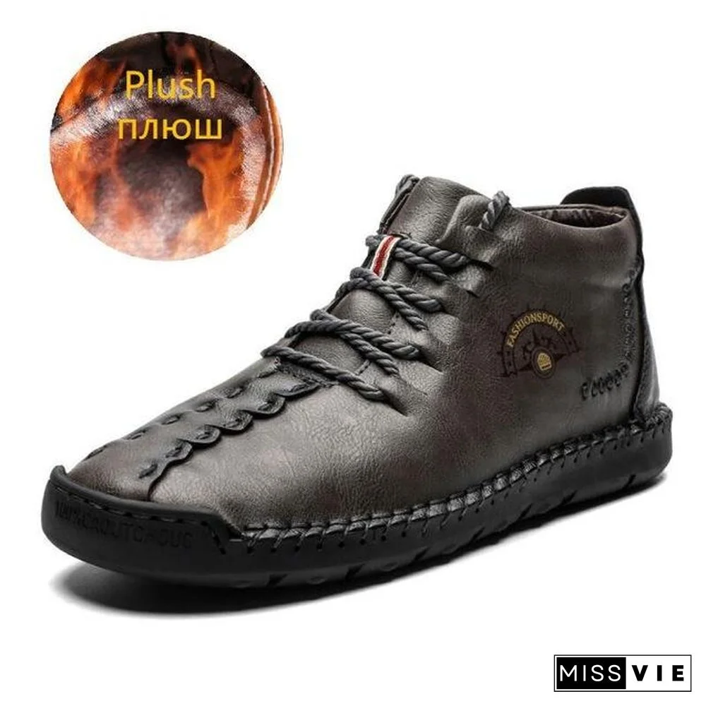Warm Mens Boots Working Tactical Boots Split Leather Ankle Boots Plush Snow Boots Lace-up Winter Shoes