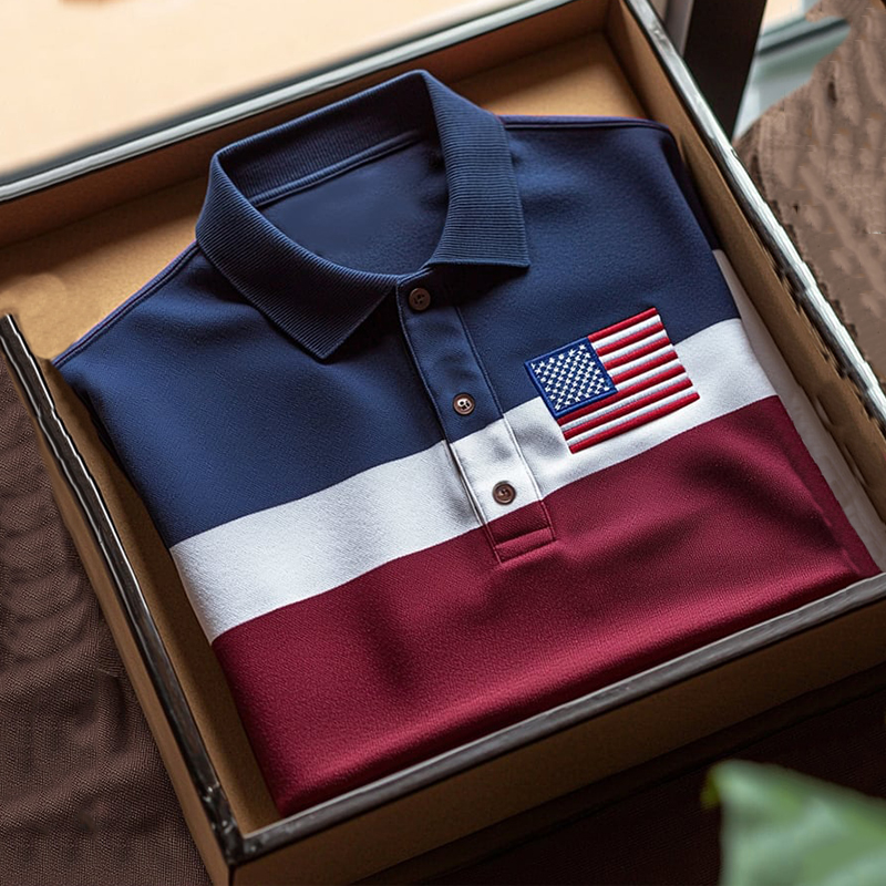 Comstylish Men's Business Casual Striped Independence Day Button Short Sleeve Polo Shirt