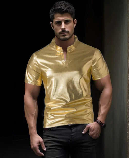 Party Stand Collar Short Sleeve Glitter Polo Shirt 