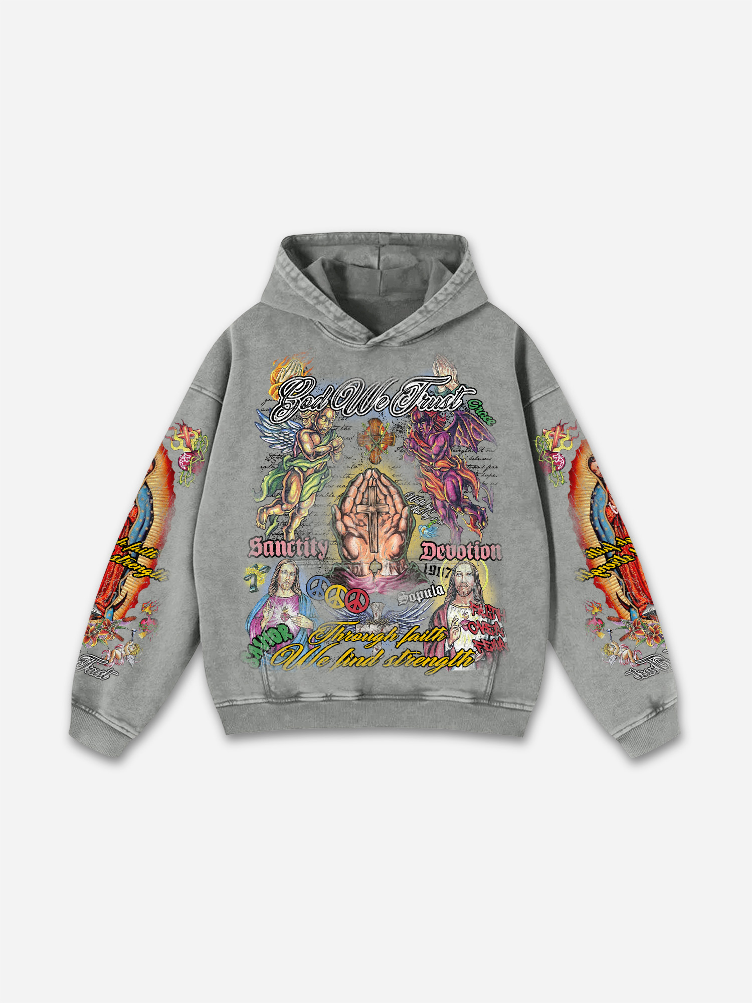 Faith In Jesus Collage Vintage Graphic Acid Wash Hoodie