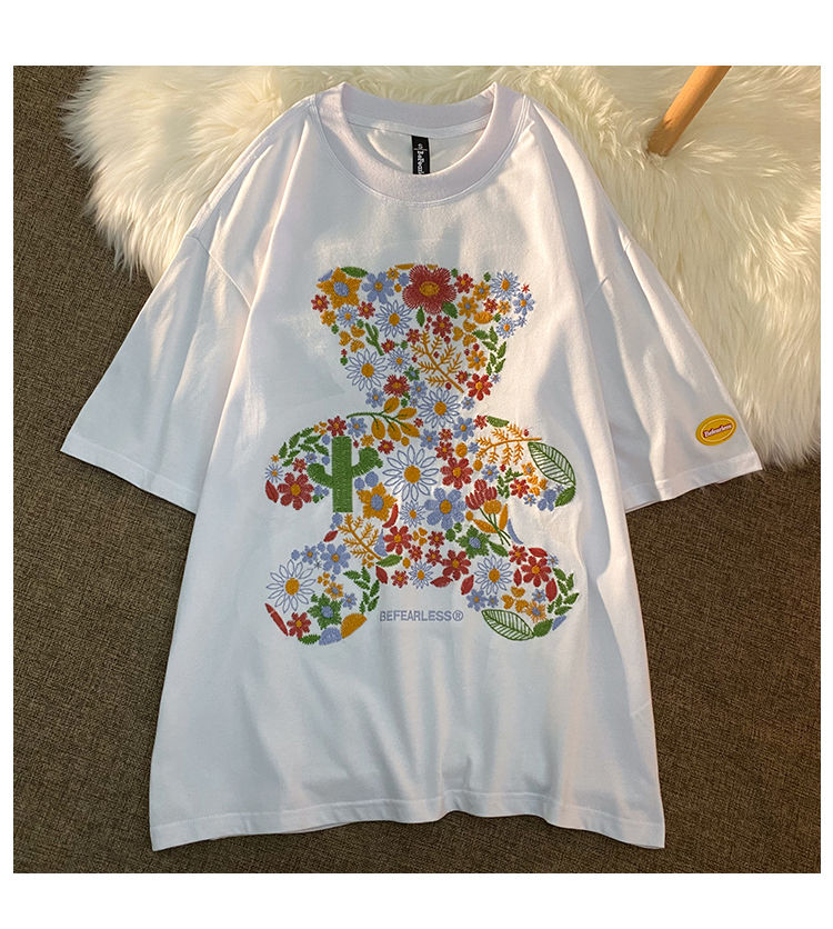 Summer Pink T-shirt Women Clothes Flower Bear Embroidered Harajuku Shirt Soft And Comfortable Loose O Neck Short Sleeve Tops