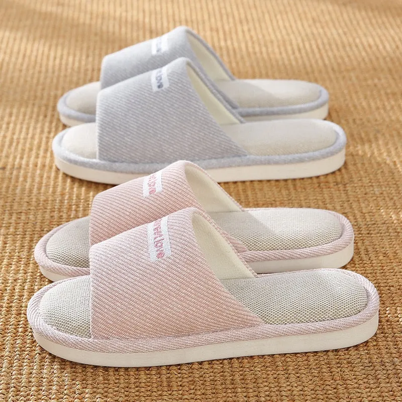 Men and Women Home Linen Slippers Home Indoor Non-slip Soft Bottom Summer Sandals Couple Four Seasons Cotton and Linen