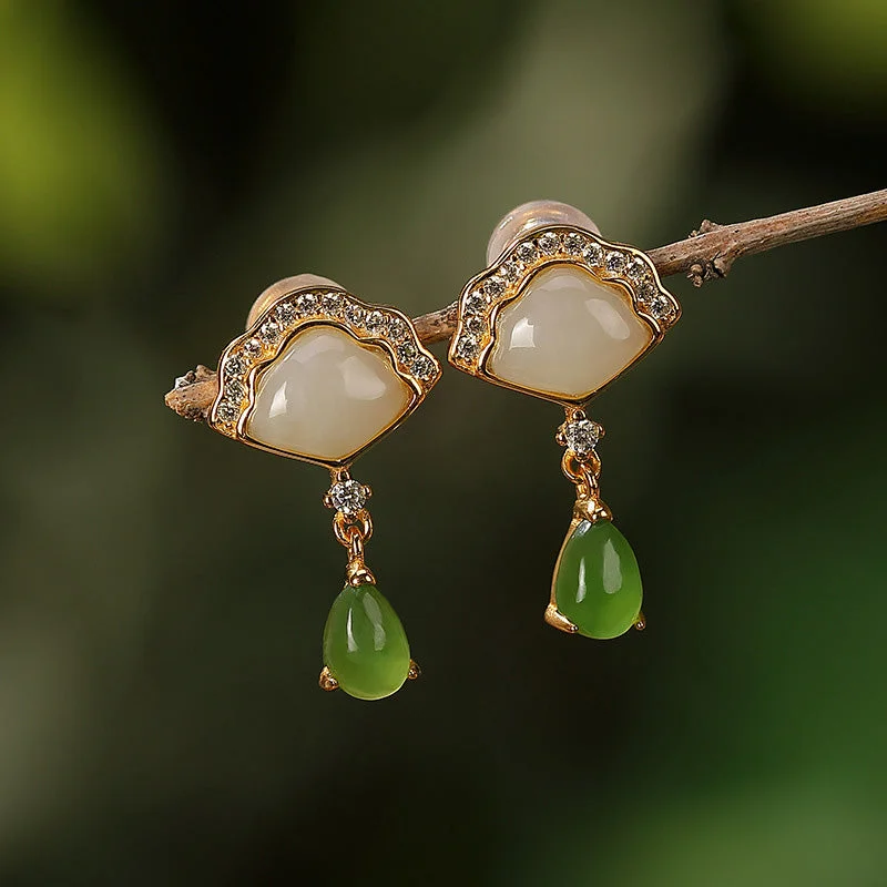 White Jade Cyan Jade Fan Water Drop Pattern Luck Drop Earrings