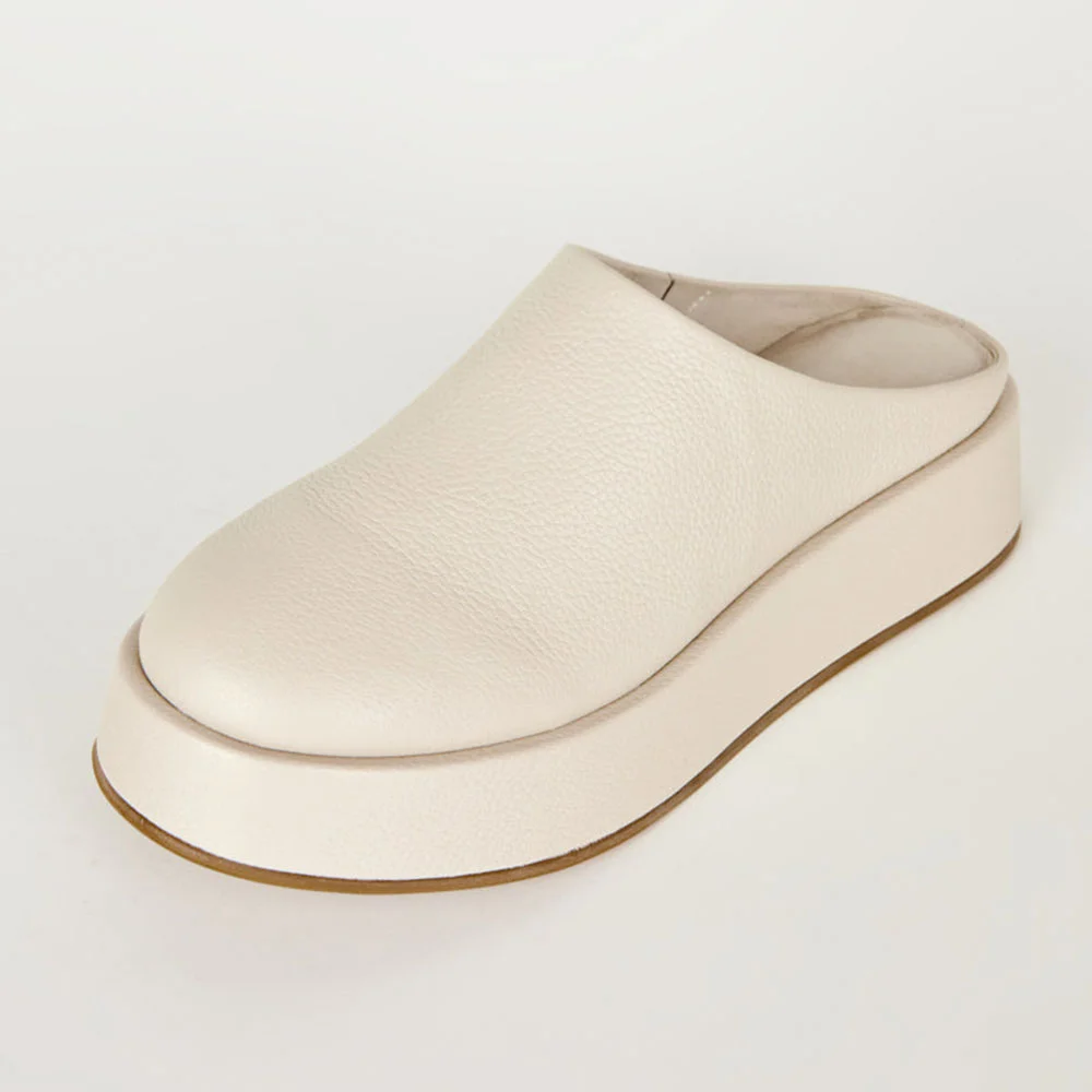 Simple Closed Round Toe Casual Platform Mule Shoes for Women in Ivory