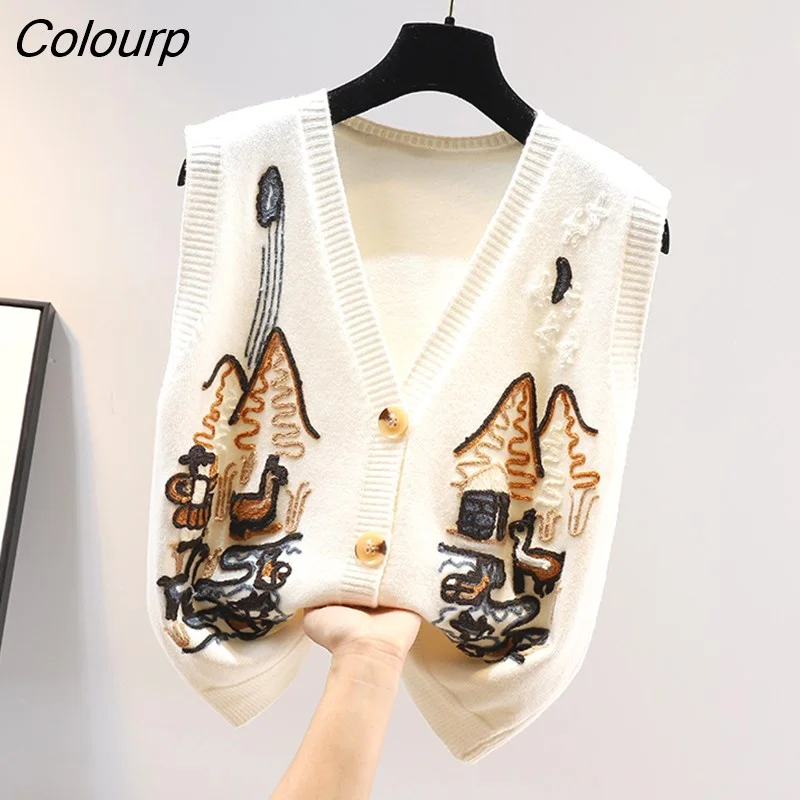 Colourp Knitted Sweater Vest Women Korean Cartoon Top Vintage Sleeveless Sweater Clothing Fashion V-neck Cardigan Pull Femme24176