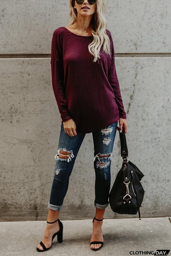 Long Sleeve Round Neck Backless T-shirt