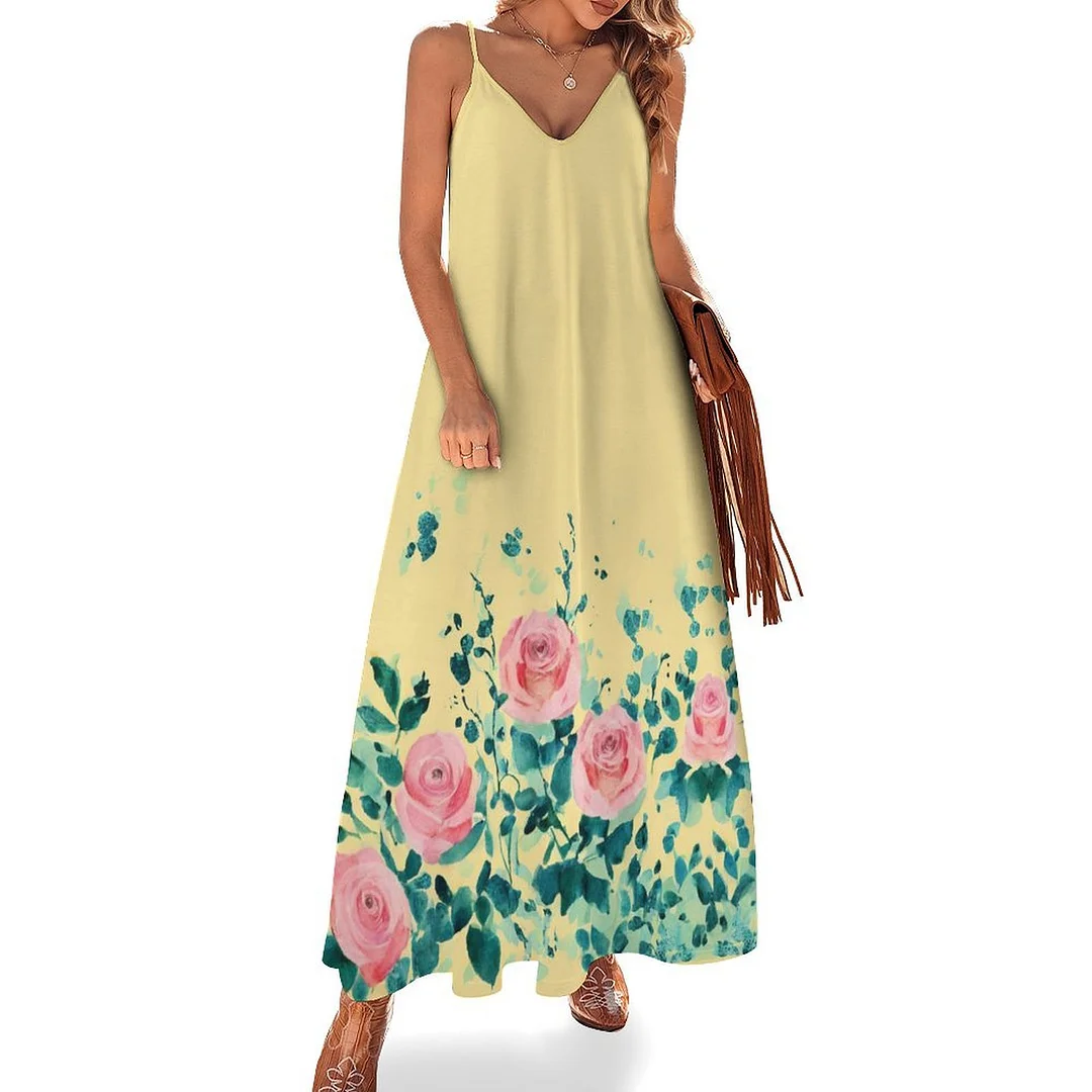Style & Comfort for Mature Women Plus Size Printed Sling Casual Women Maxi Dress in Pattern Yellow, Floral