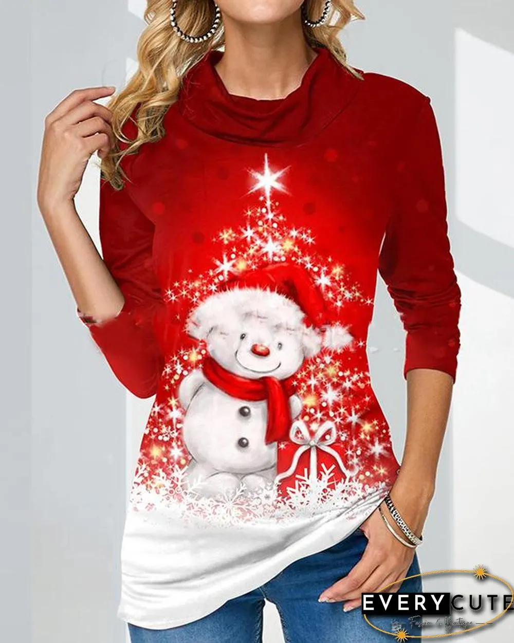 Christmas Print Long Sleeve Red White Sweatshirt