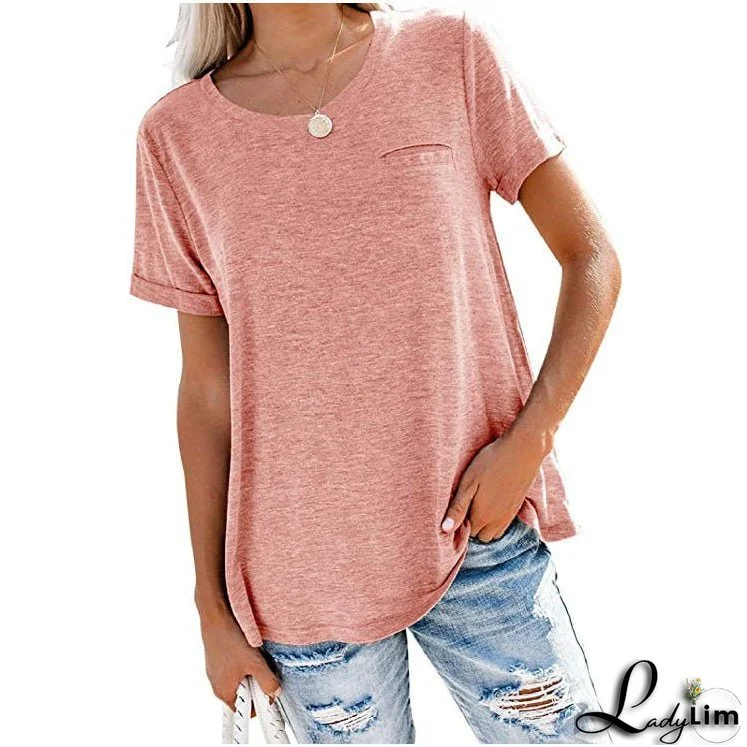 Multicolor Round Neck Short-Sleeved T-Shirt with Loose Fit and Pocket