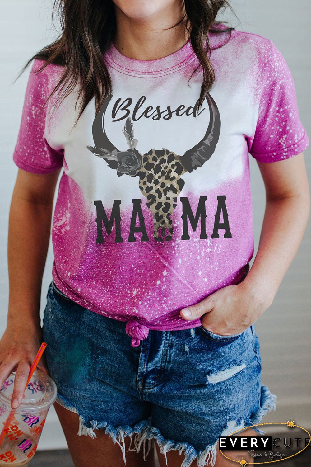 Rose Blessed MAMA Western Bull Graphic Bleached T Shirt