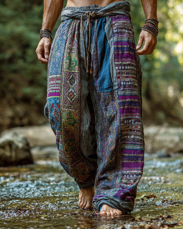 Men's Casual Ethnic Stitching Printed Linen Pants e1b8