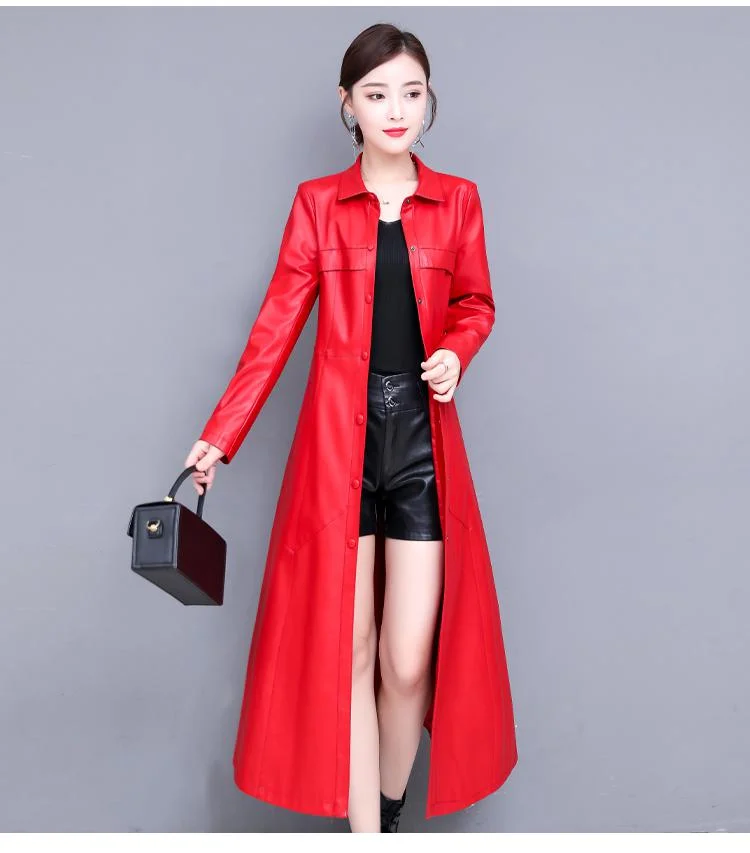 FTLZZ New Women Sheepskin Genuine Leather Long Jacket Thicken Coat Single Breasted Leather Trench Coat Outerwear Female