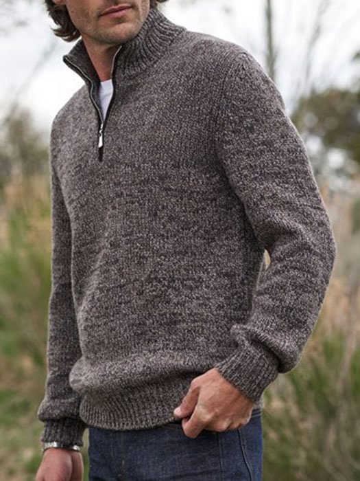 Men's solid color long-sleeved knitted pullover