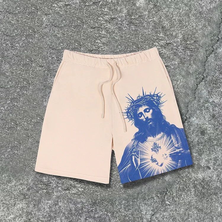 Casual Drawstring Vintage Jesus Print Shorts SOPULA