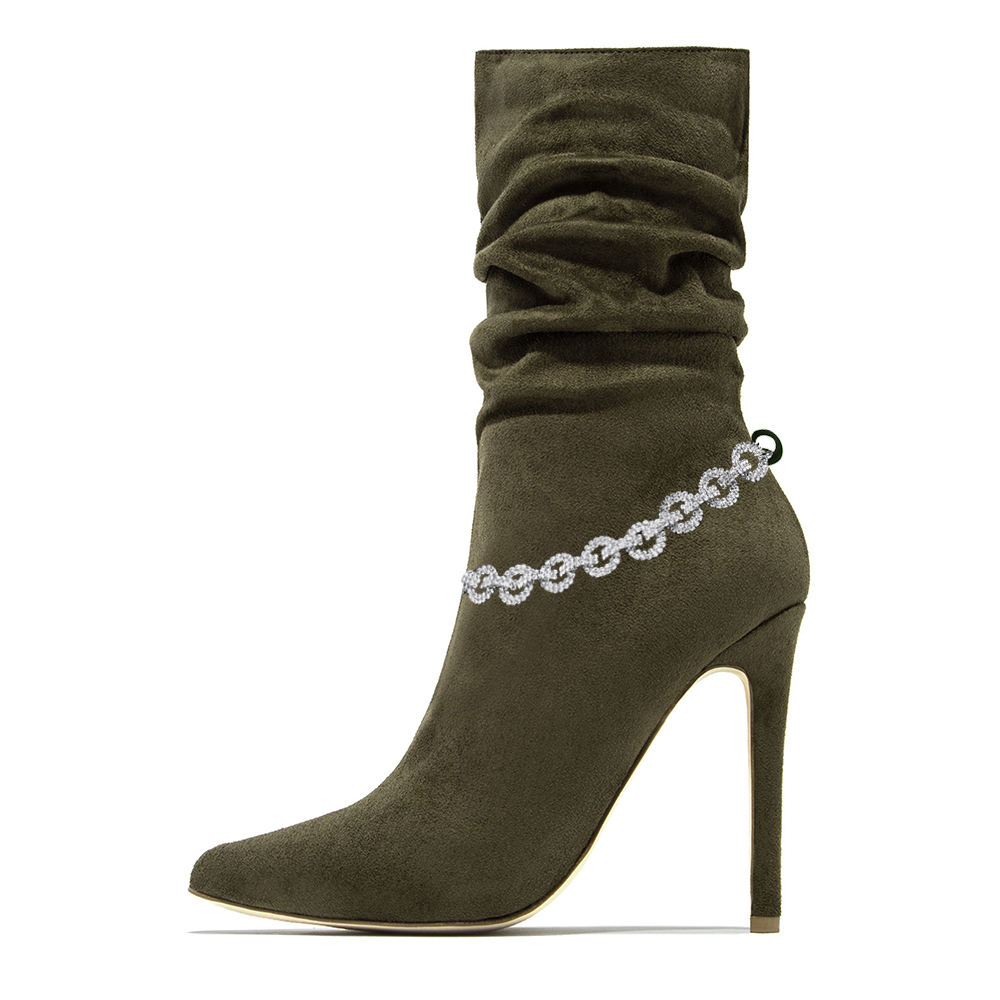 Olive Vegan Suede Rhinestone Chain Decorated Pleated High Heel Boots Nicepairs