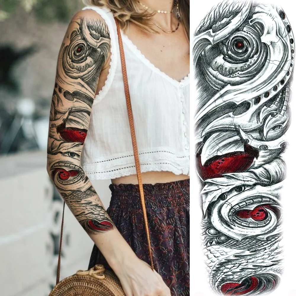 Sdrawing Totem Tattoo Arm Sleeve For Men Women Adult Realistic Fake Skeleton King Temporary Tattoo Evil Eye Demon Death Skull Tatoo