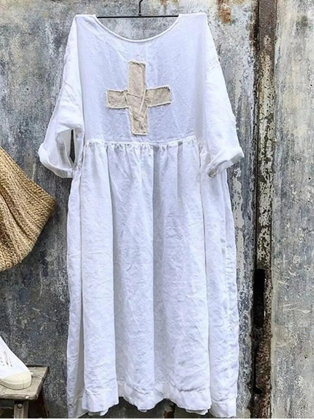 Women Half Sleeve Linen Dress With Swiss Cross
