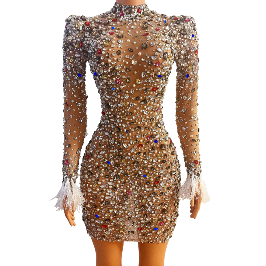 VCSHOES Crystals Pearls Mesh Dress Prom Evening Transparent Multicolor Rhinestones Costume Birthday Feather Sleeves