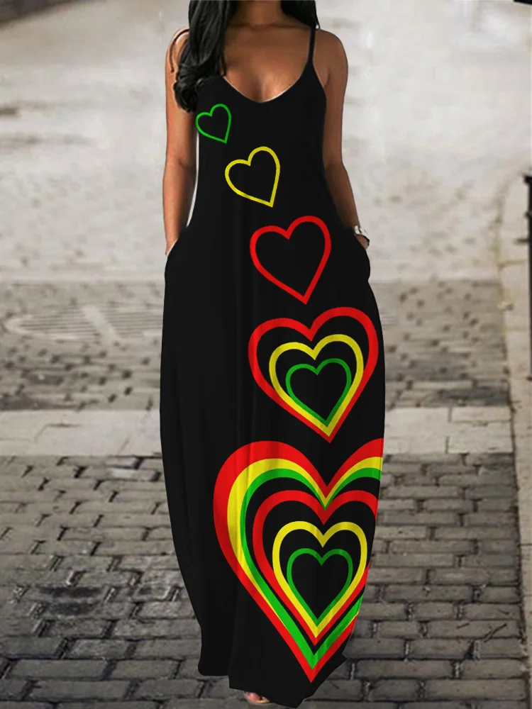 Reggae Lover Rasta Hearts V Neck Cami Maxi Dress