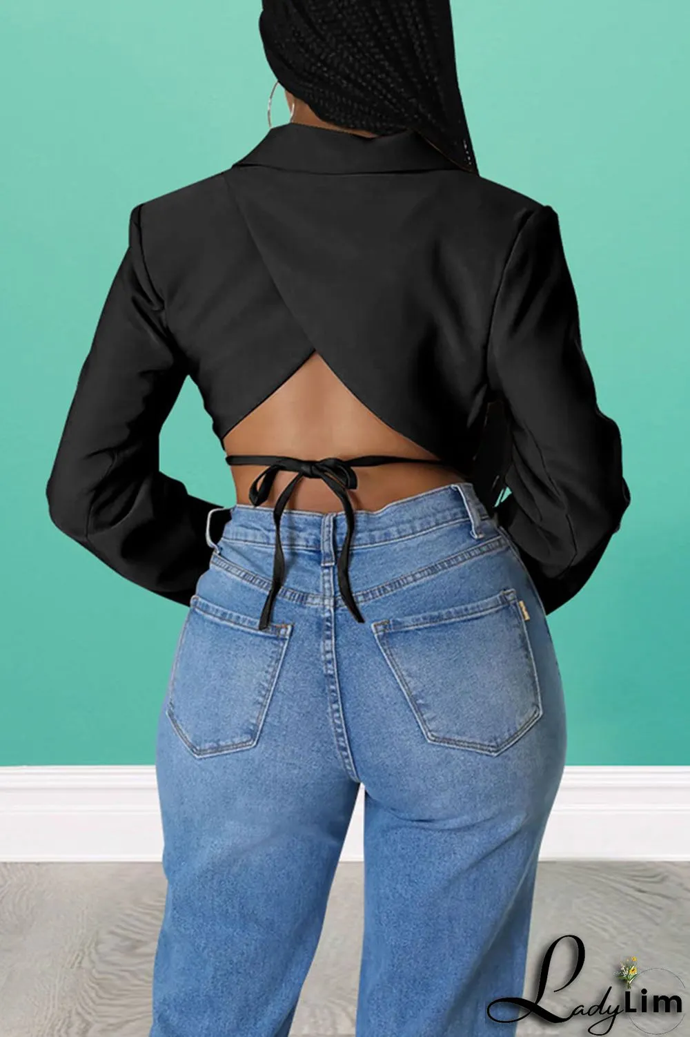 Black Casual Solid Bandage Patchwork Turn-back Collar Outerwear