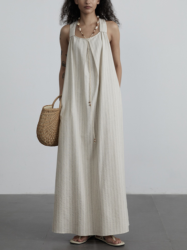 Stripe Strap Back Twist Knot Linen Maxi Dress