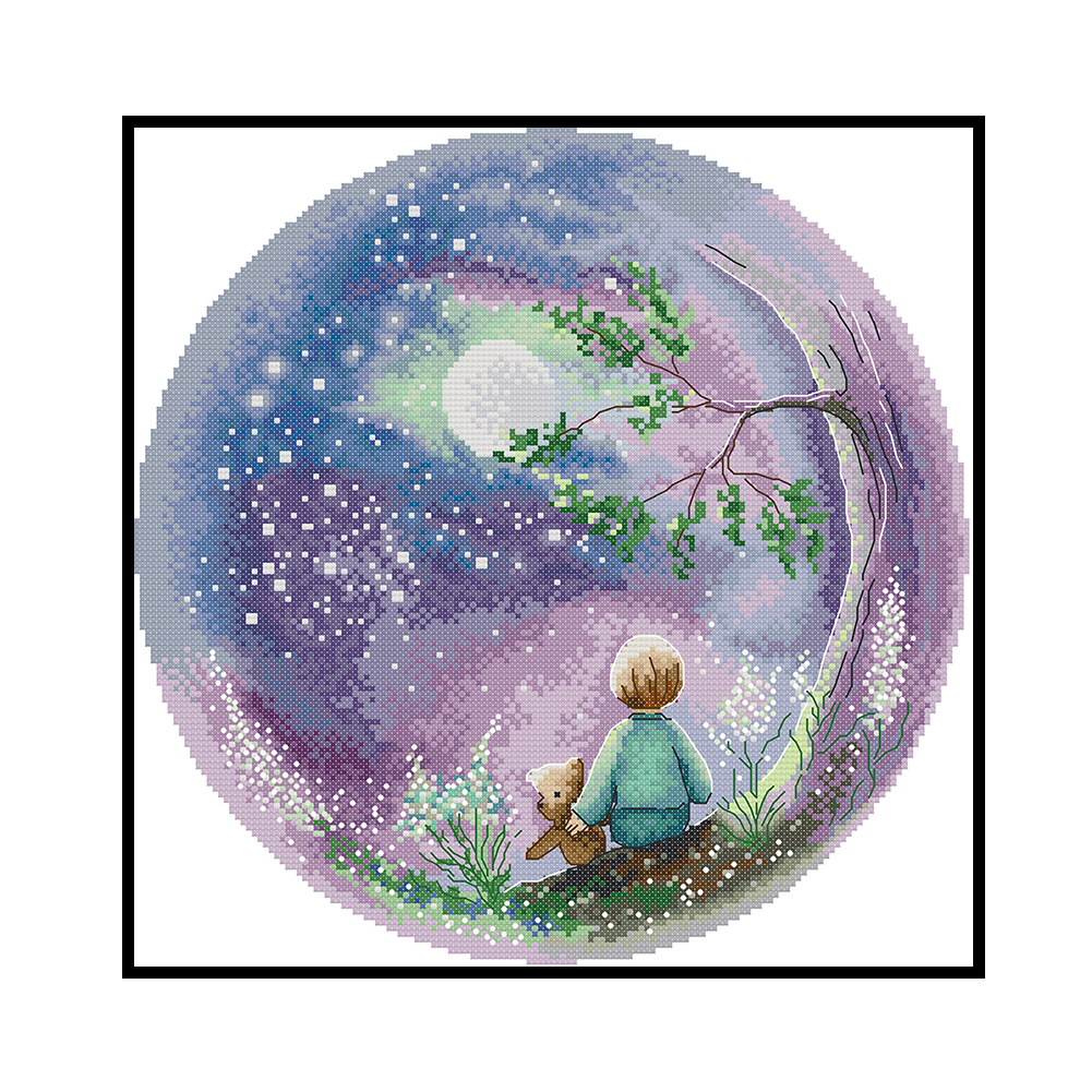 

Kid Look Up Moon - 14CT Stamped Cross Stitch - 34*34CM, 501 Original