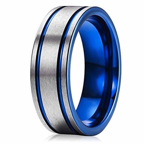 Women's Or Men's Tungsten Carbide Wedding Band Matching Rings,Duo Tone Silver and Blue High Polished Silver Tone Beveled Edge Double Groove Tungsten Carbide Bands Ring With Mens And Womens For Width 4MM 6MM 8MM 10MM