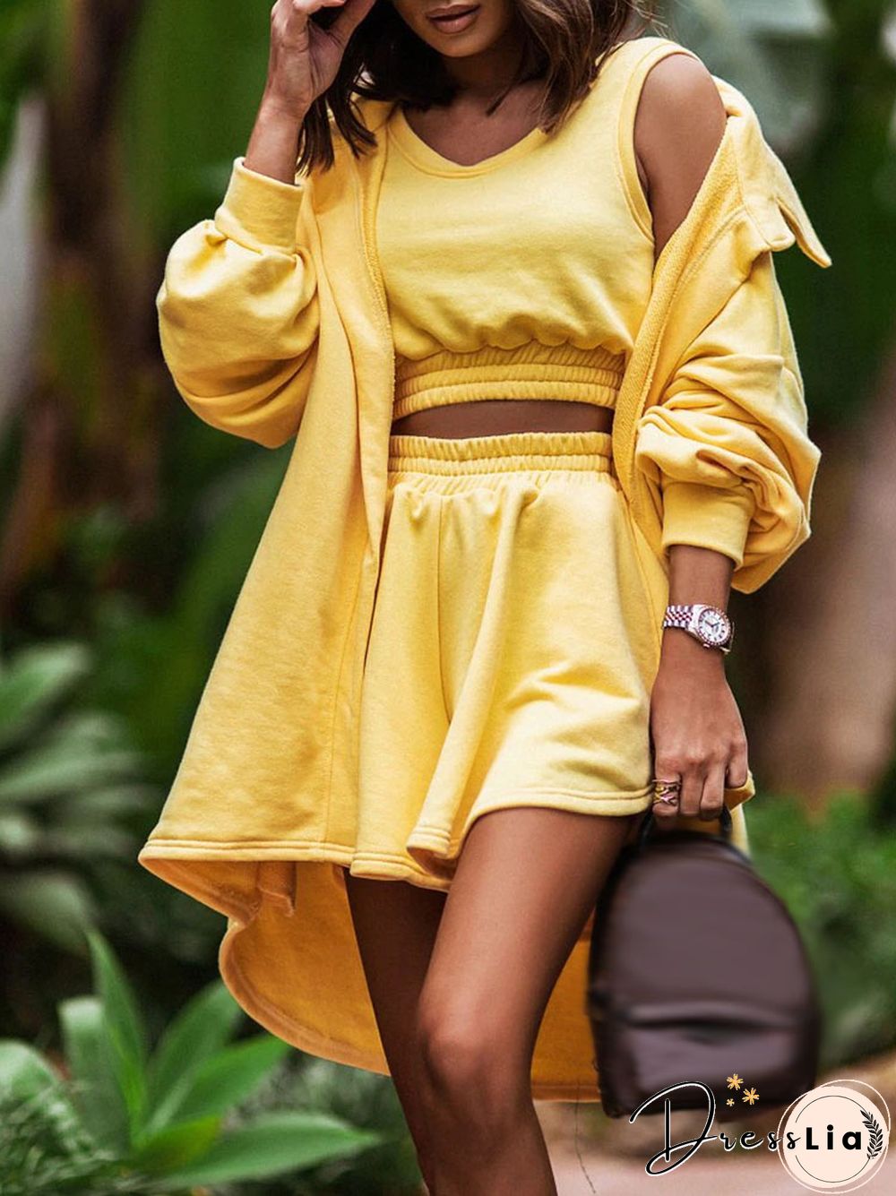 Women Elegant Loose Tracksuit 3Pc Set Sexy V-neck Blouse & Elastic Waist Short & Cardigan Shirts Suit Casual Long Sleeve Outfits