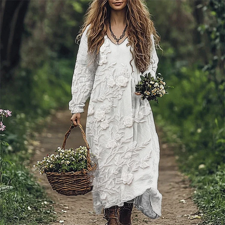 3d Floral Lace Embroidered Flowy Linen Blend Maxi Dress