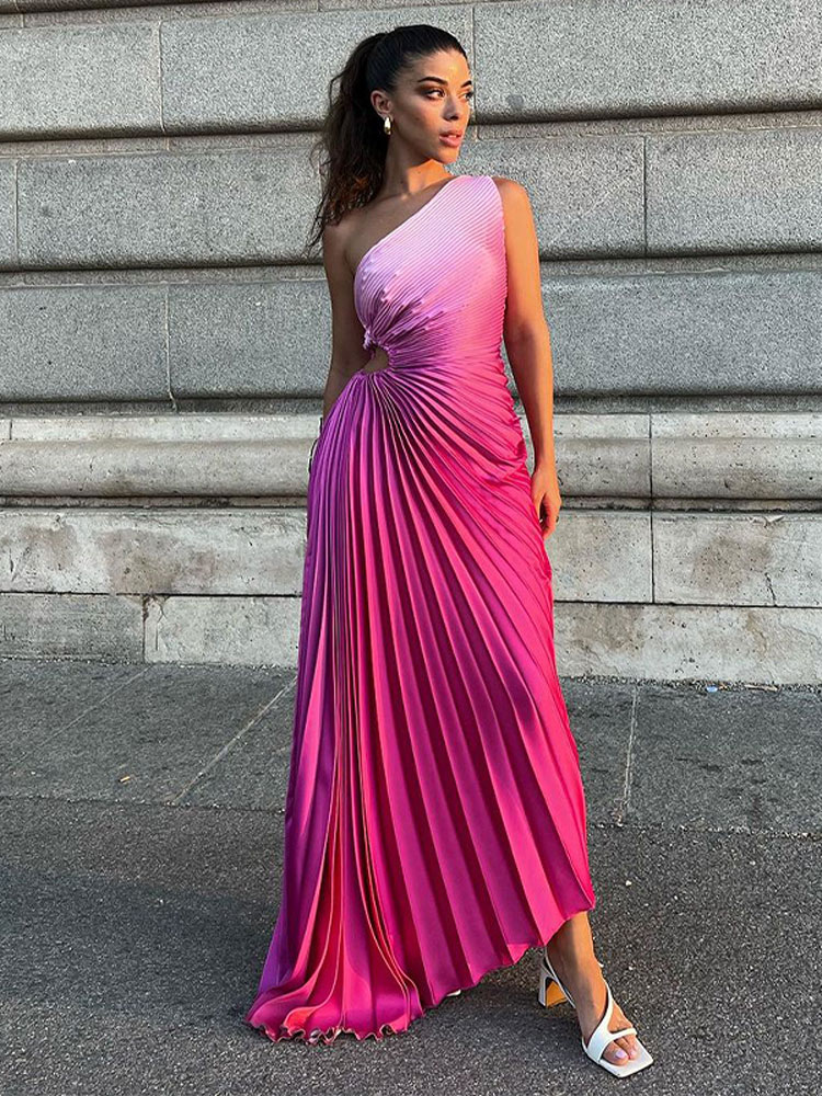 Women's Gradient Pleated Diagonal Collar Maxi Dresses Hollow Out Backless Sleeveless Dresses Irregular Lady Evening Vestidos