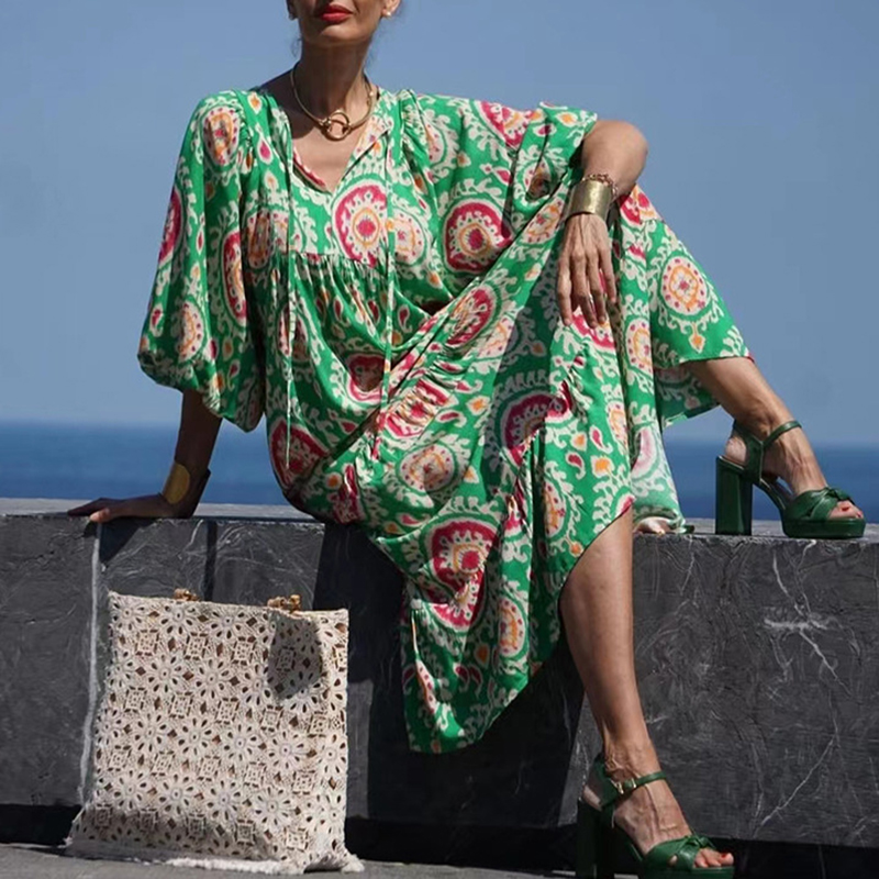 Gamesnears Vintage Floral Print Bohemian Long Dress Women Elegant V Neck Loose Maxi Party Dress Spring Autumn 3/4 Sleeve Office Lady Dress