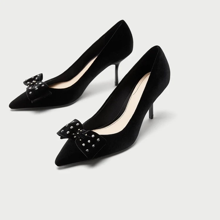 Black Bow Studs Stiletto Heels Pumps |FSJ Shoes