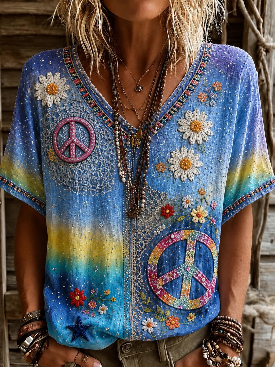 Women's Vintage Hippie Floral Patchwork Art Linen Blend Short Sleeve Tops elevenforest
