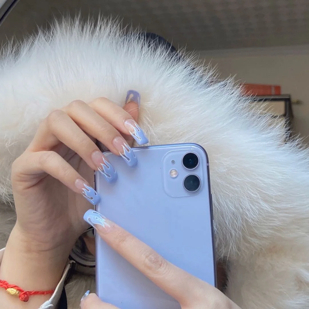 24pcs Light Blue Flame Fake Nails Full cover Fake Nails Glue DIY Manicure Nail Art Tools-Nail Inspo