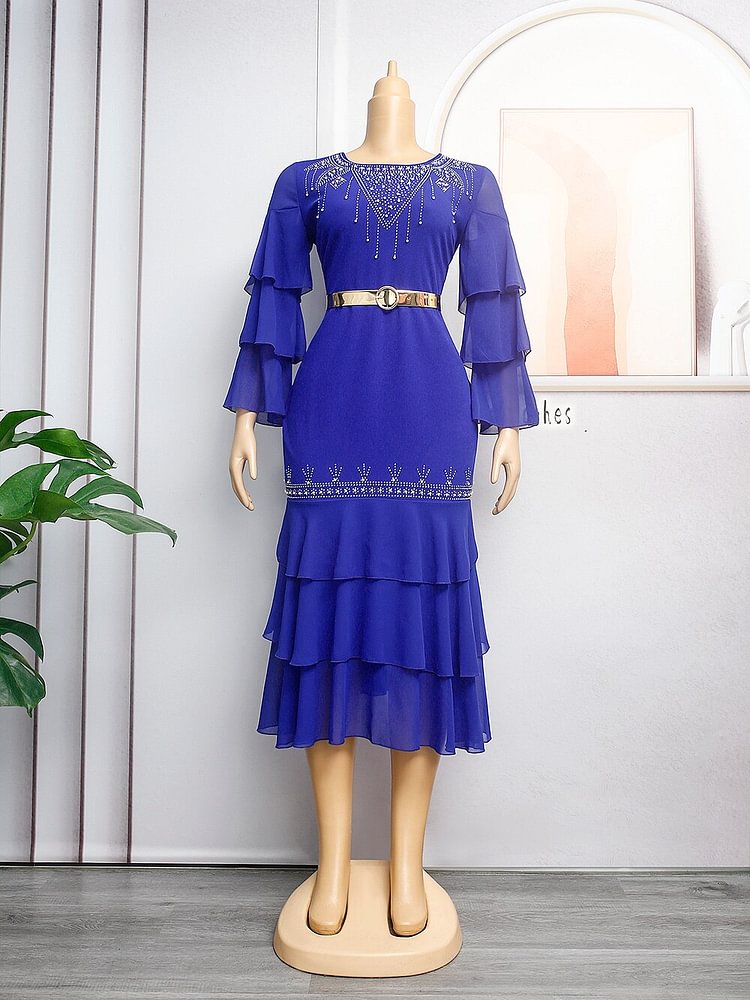 African Americans fashion QFY Plus Size Evening Dress African Elegant Women Wedding Party Robe Africaine Femme 2022 Autumn Clothes Crystal Ruffle Dresses Ankara Style QueenFunky