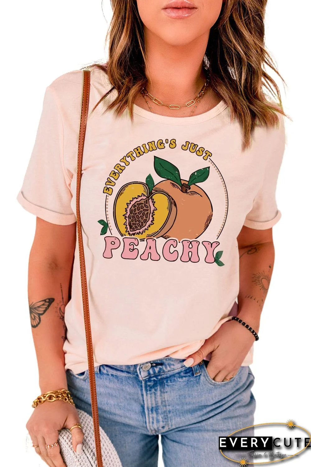 Pink PEACHY Letter Graphic Print Short Sleeve T Shirt